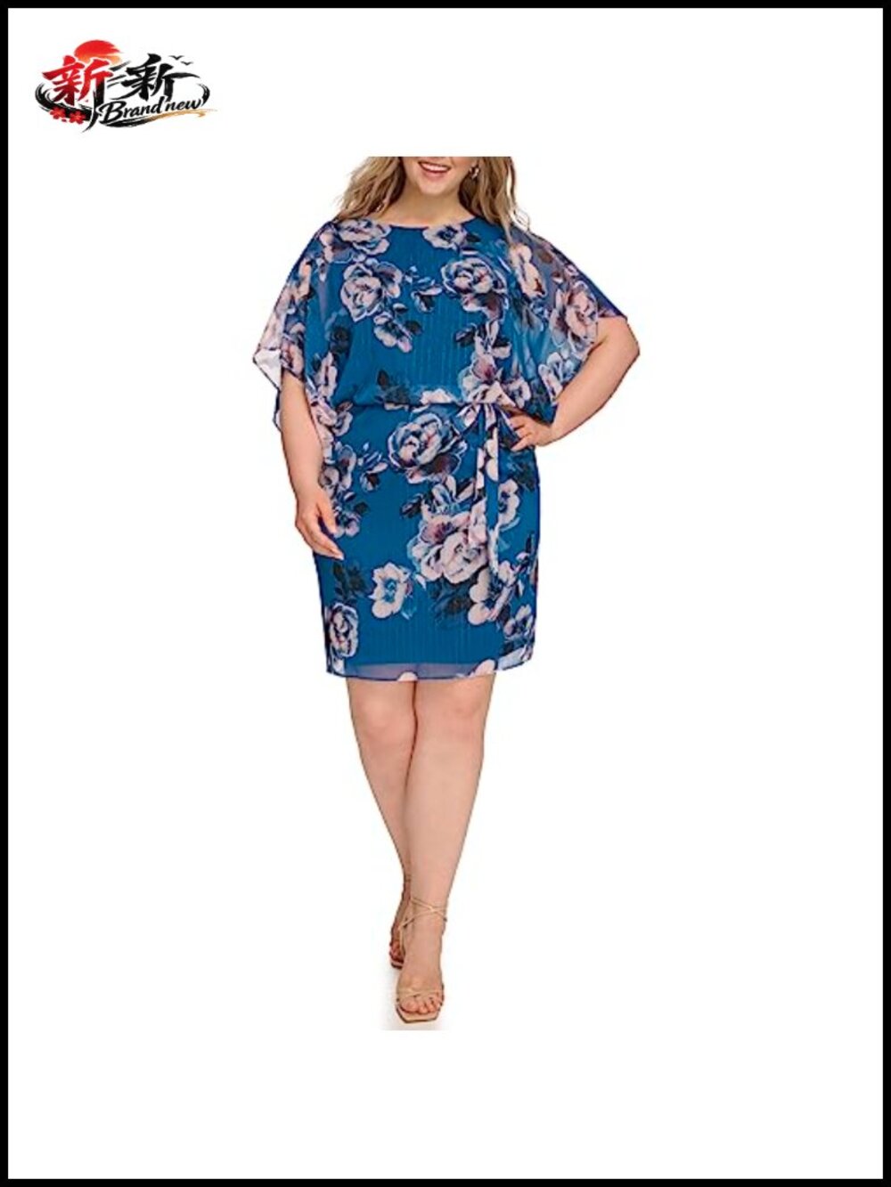 Floral Chiffon Mini Dress with 3/4 Sleeve Boat Neck